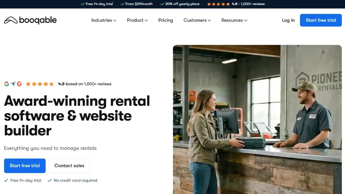 Booqable platform webpage for bike rental business software and customer management