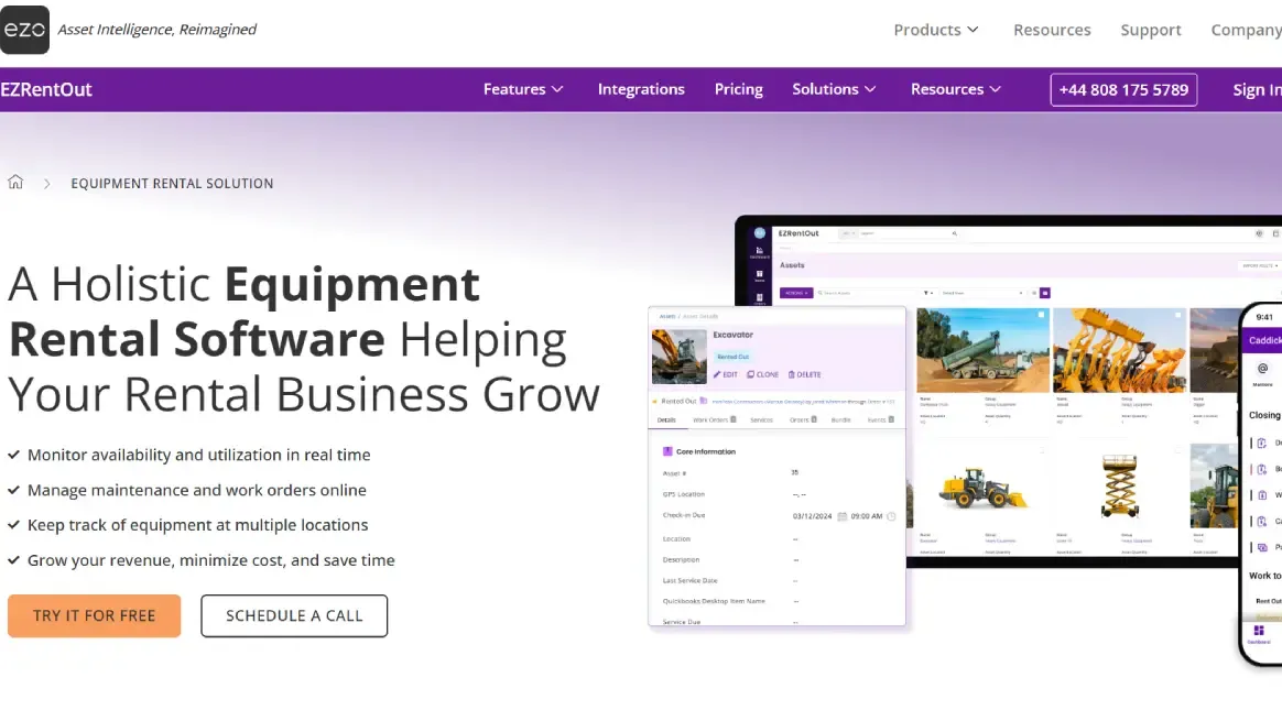 EZRentOut homepage promoting equipment and bike rental software solution