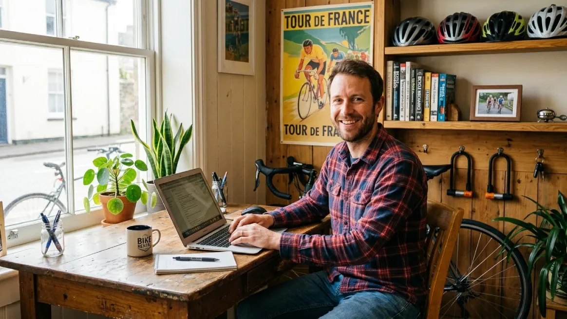 Workspace with laptop illustrating bike rental software