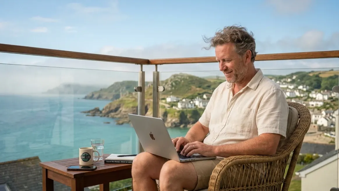 Person working remotely with laptop illustrating why rental businesses adopt AI