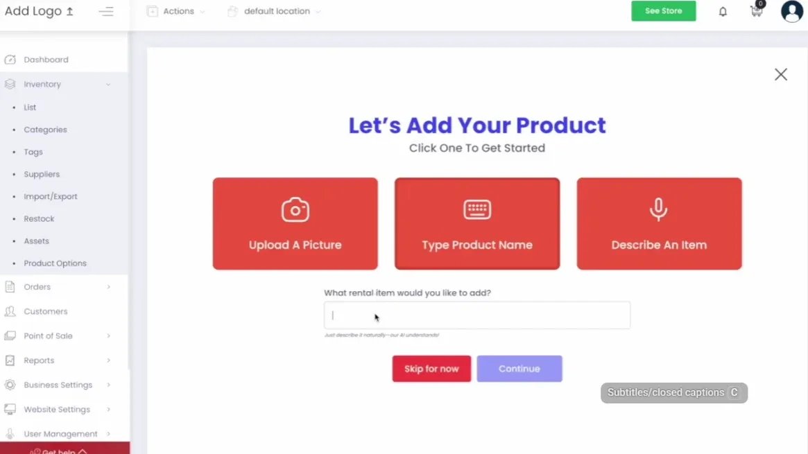 RentMy AI interface showing instant rental product creation setup