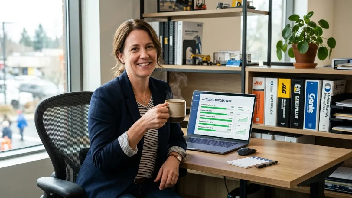 Professional workspace showing AI automated workflow for rental business operations