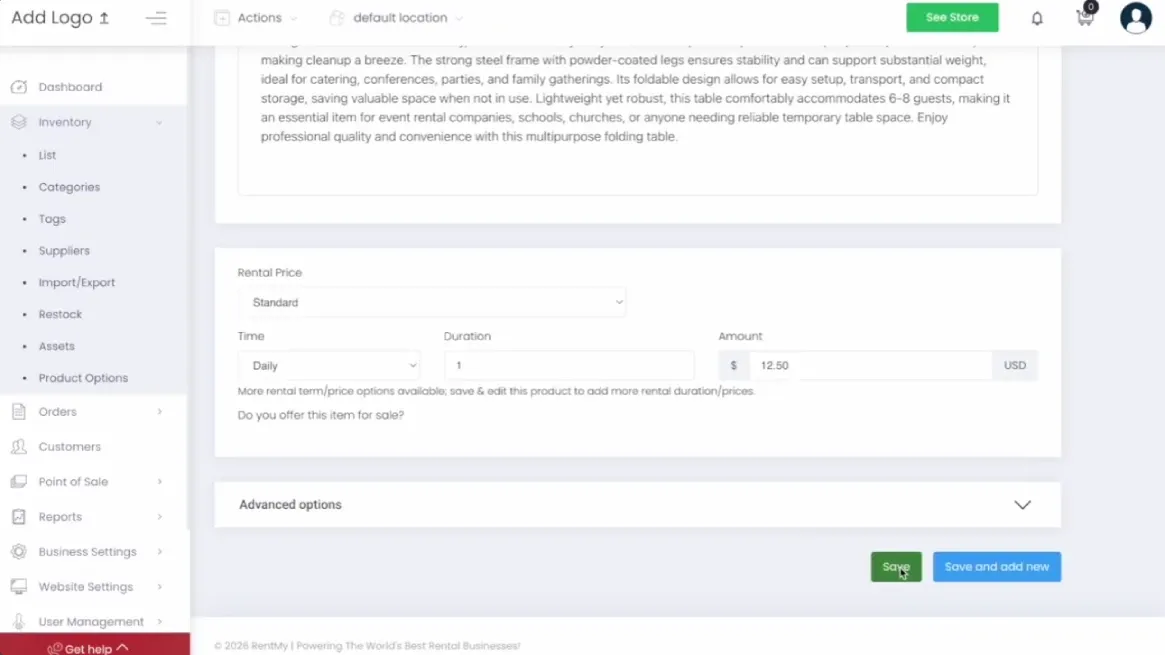 RentMy AI interface showing rental product pricing setup screen