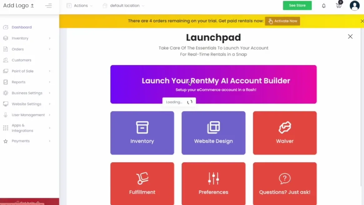 Dashboard view of RentMy AI product entry with upload, type, and describe options