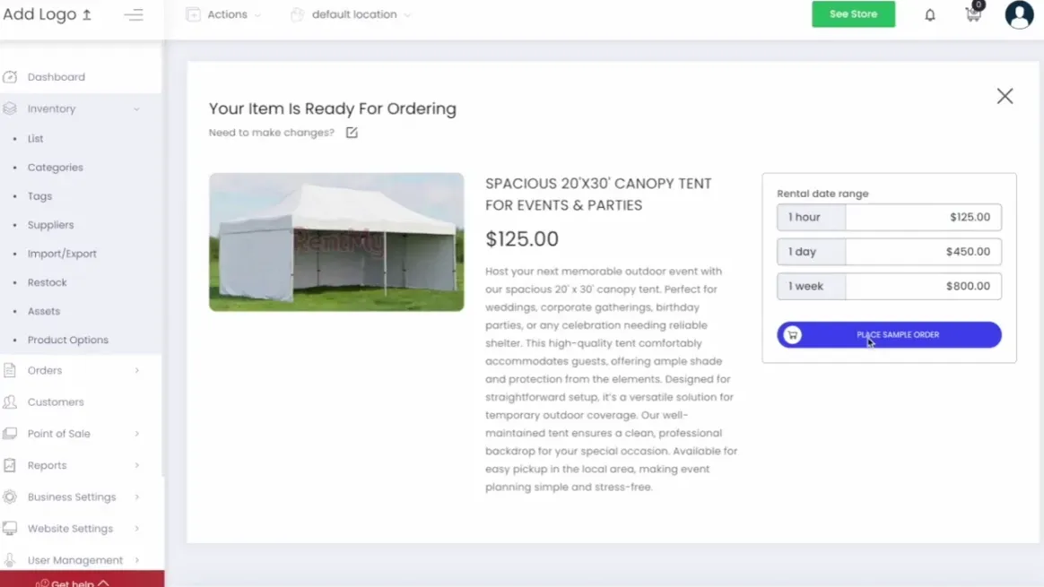 Rental product creation completed in seconds with RentMy AI interface