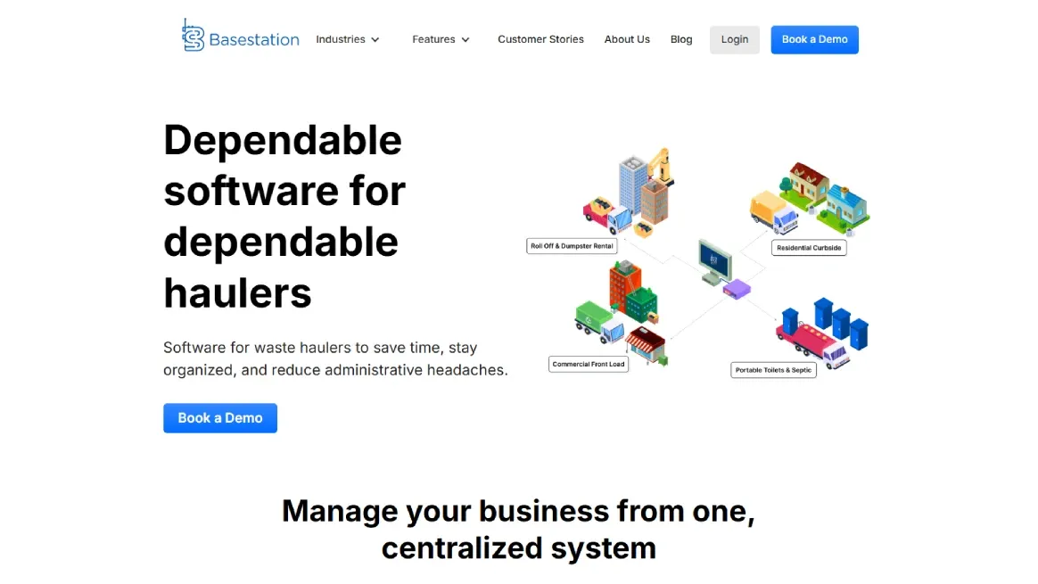 Screenshot of Basestation website homepage for dumpster rental software