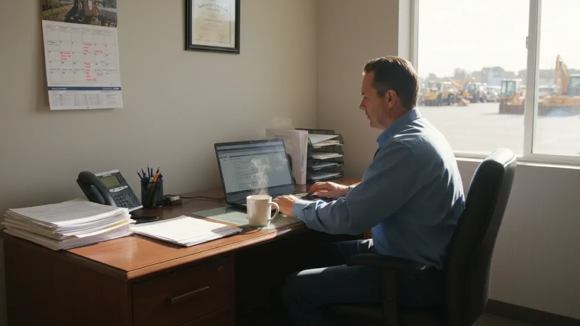 Manager using equipment rental software at a desk