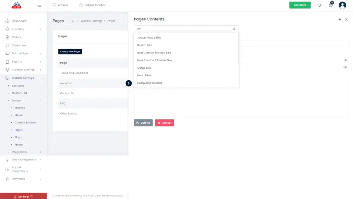Website dashboard linking rental waiver to product page