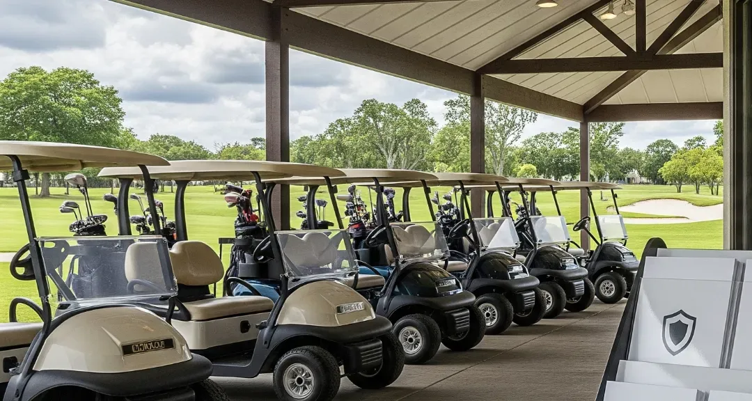 Golf cart fleet under shelter for golf cart rental business insurance context