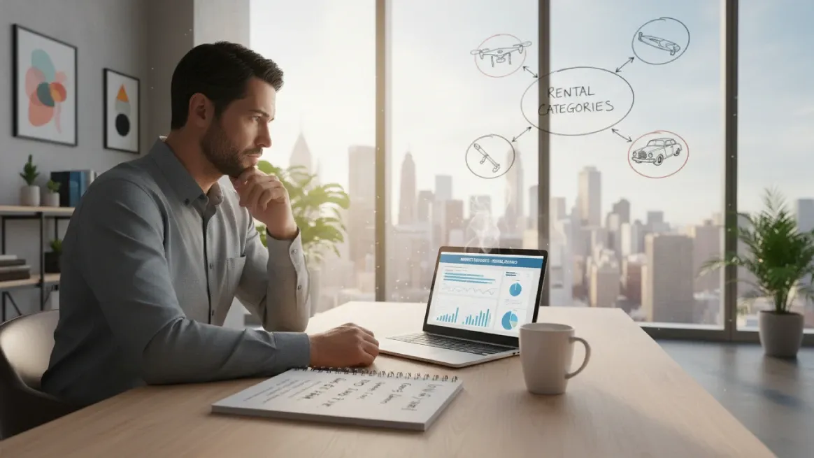 Entrepreneur studying rental market trends at a laptop