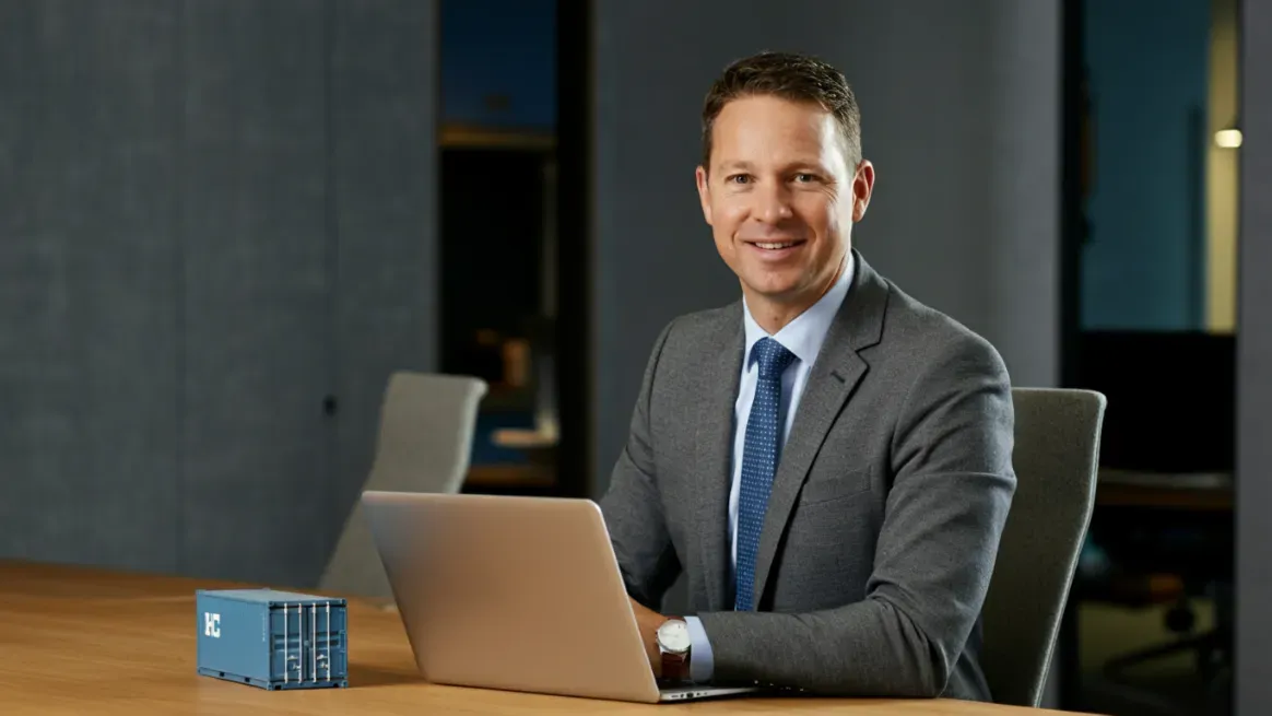 Professional with a laptop discussing container rental business returns