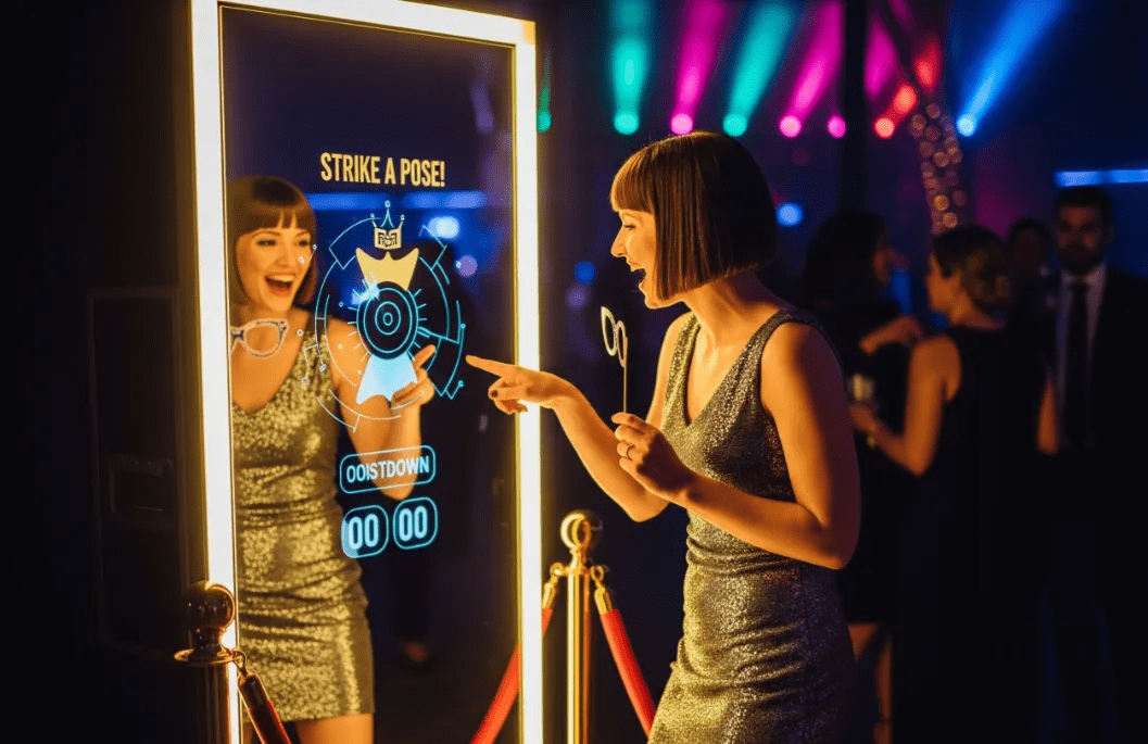 Woman interacting with a mirror photo booth at a party with neon lighting