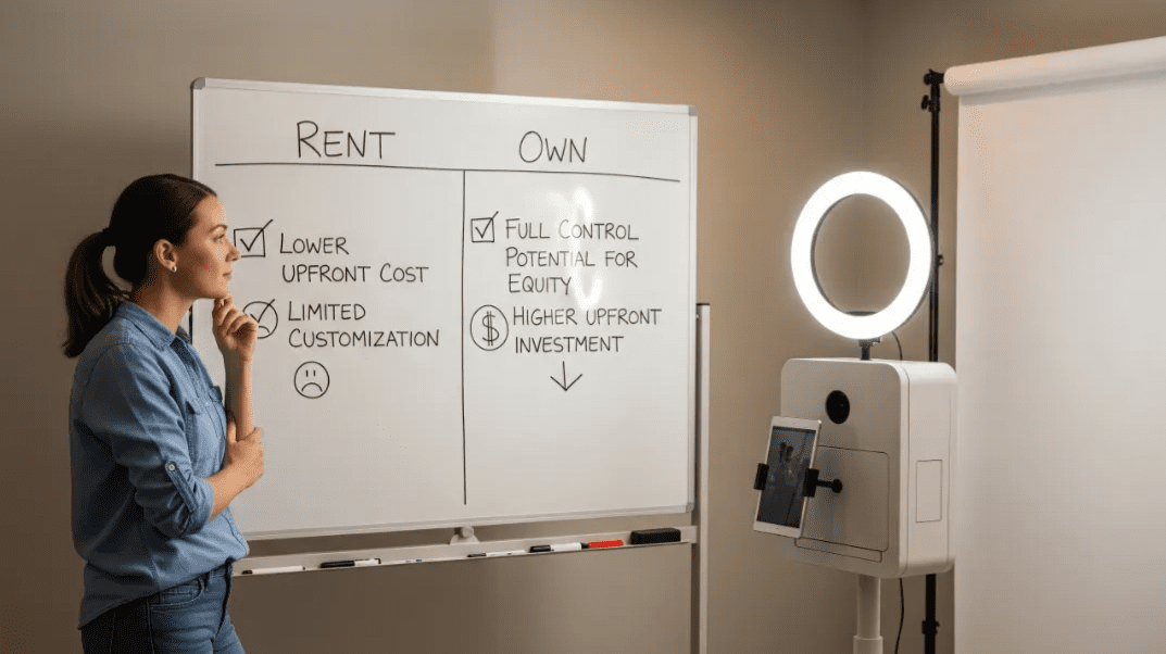 Businesswoman analyzing pros and cons of renting or owning photo booth equipment