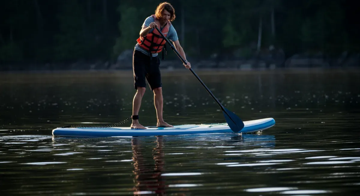 Person paddleboarding with a life vest and leash