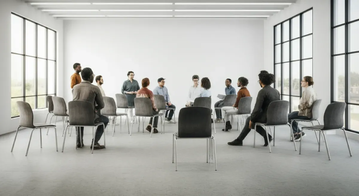 Community center space with a group seated for a meeting or workshop.