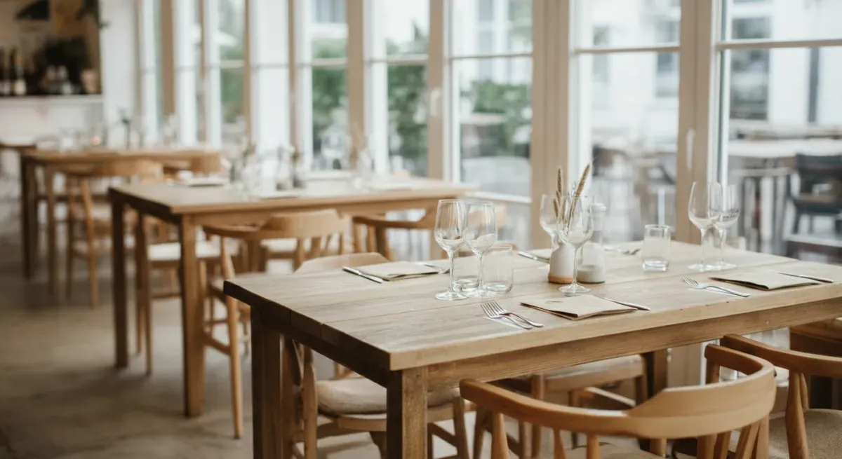 Spacious venue with wooden tables for event rentals.