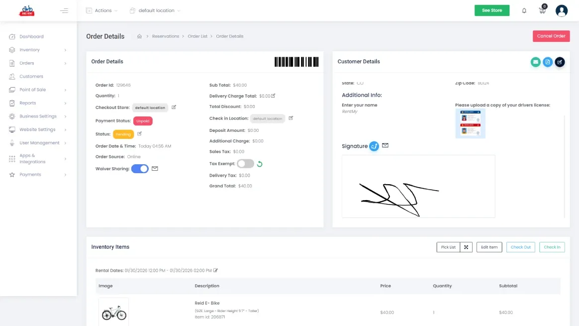 Digital dashboard showing signature tracking for rental agreements
