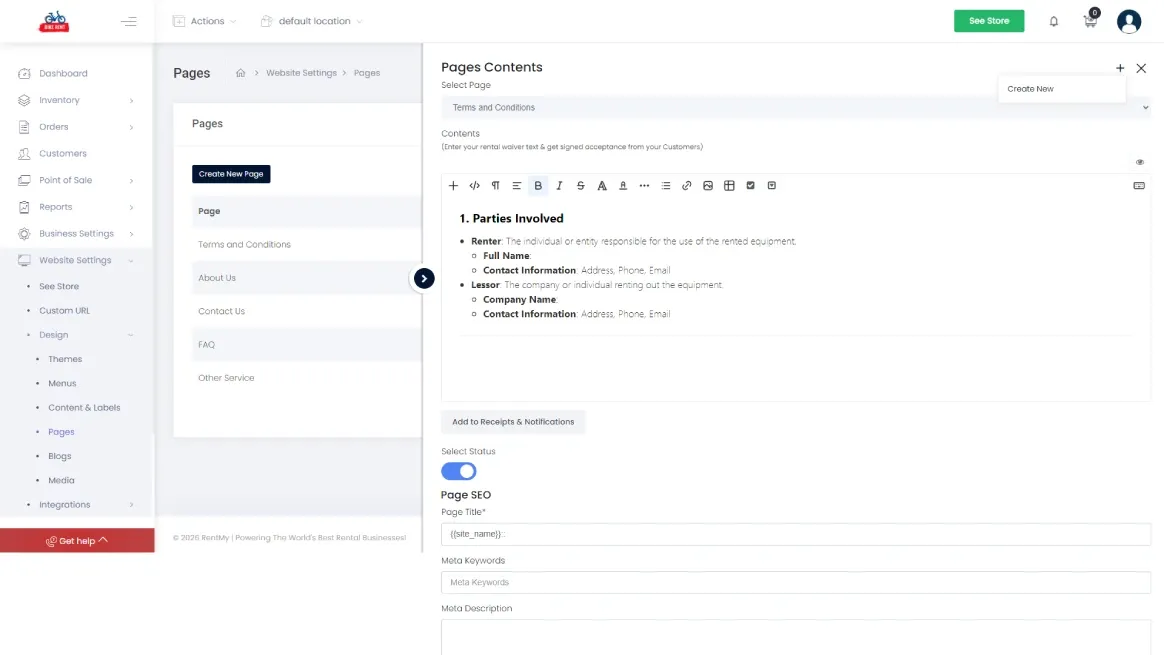 Preparing legal terms in the RentMy rental template dashboard