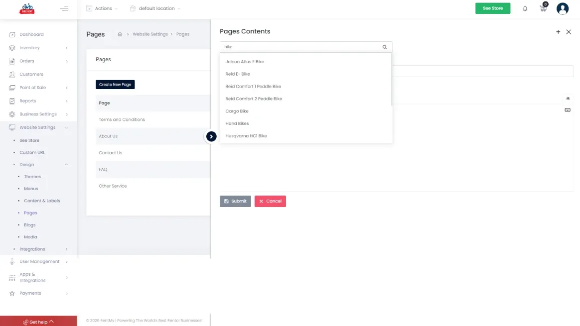 RentMy contract linking interface for rental products