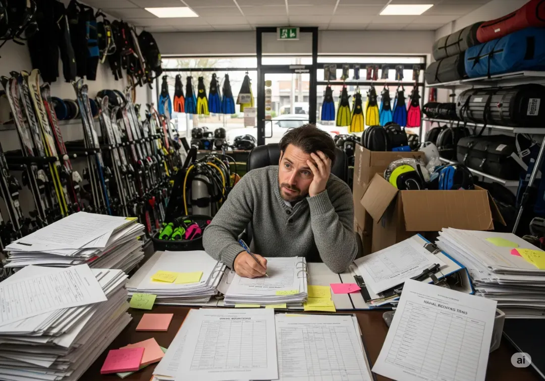 Rental business owner dealing with paperwork and operational stress