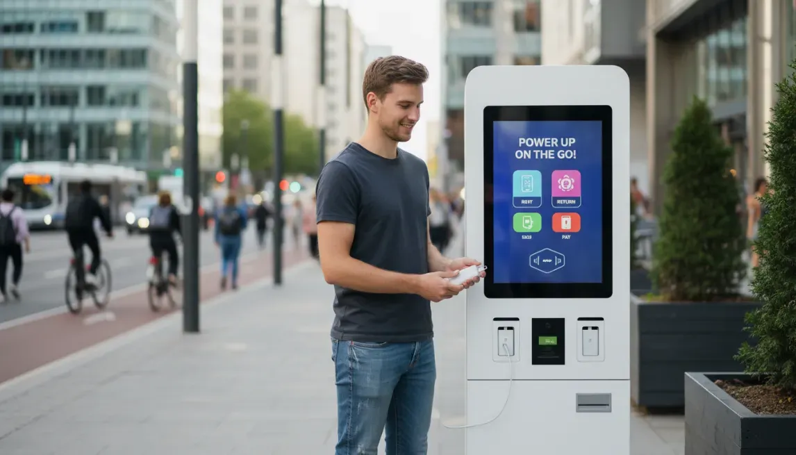 City power bank rental service kiosk in a public space