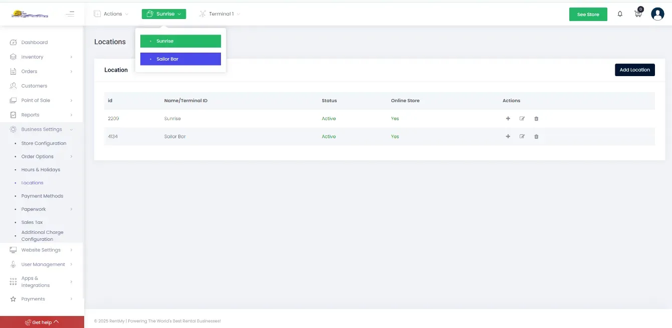 Power bank rental location dashboard for multi-site management