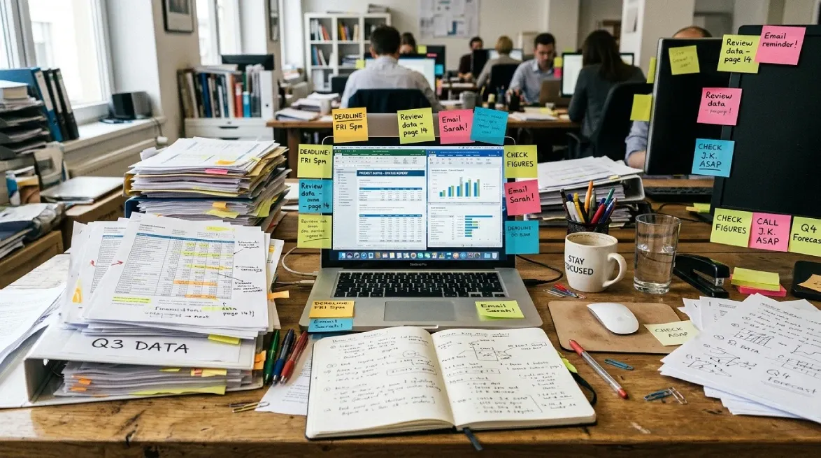 Cluttered office desk showing manual rental business operations