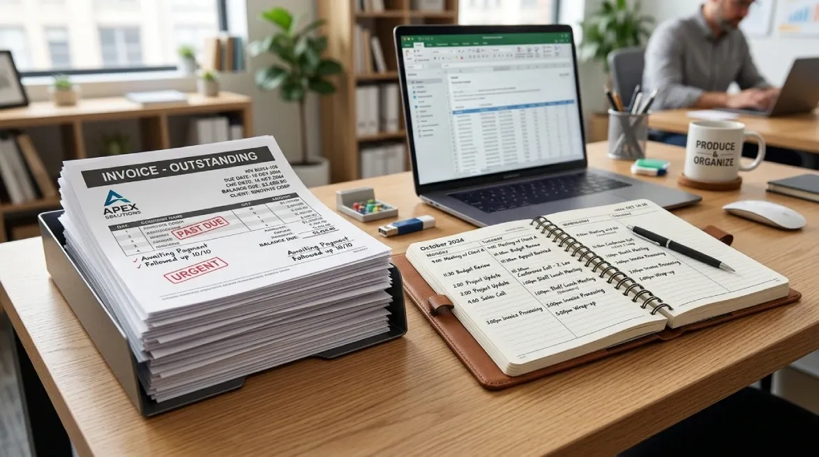 Office desk with past-due bills despite strong bookings