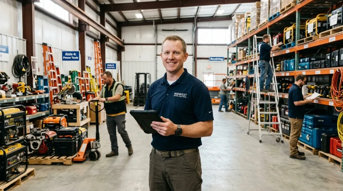 Growing rental business scene with owner using tablet in warehouse