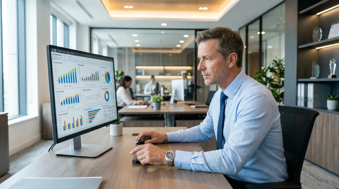 Rental business owner reviewing dashboards to check profitability