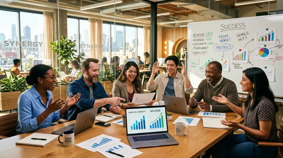 Collaborative office scene showing teamwork and growth strategies