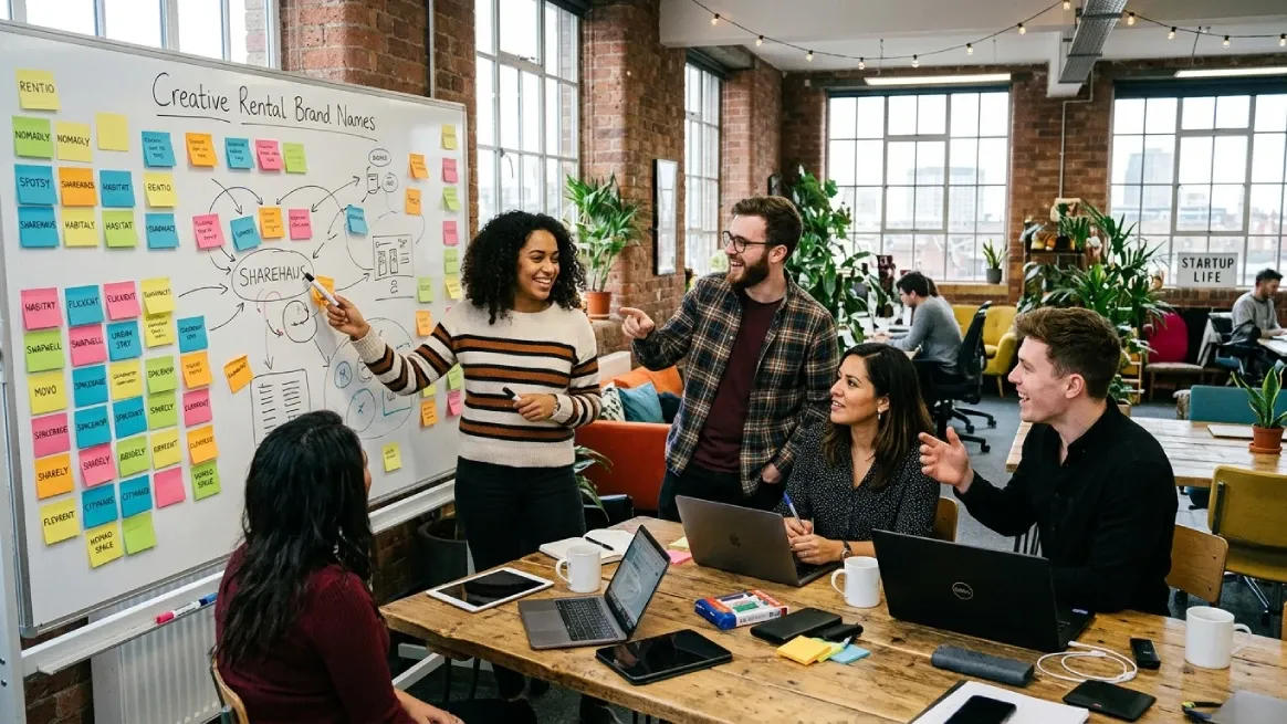 Professionals evaluating catchy rental business name ideas in office