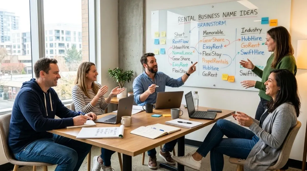 Team brainstorming creative rental business name ideas on whiteboard