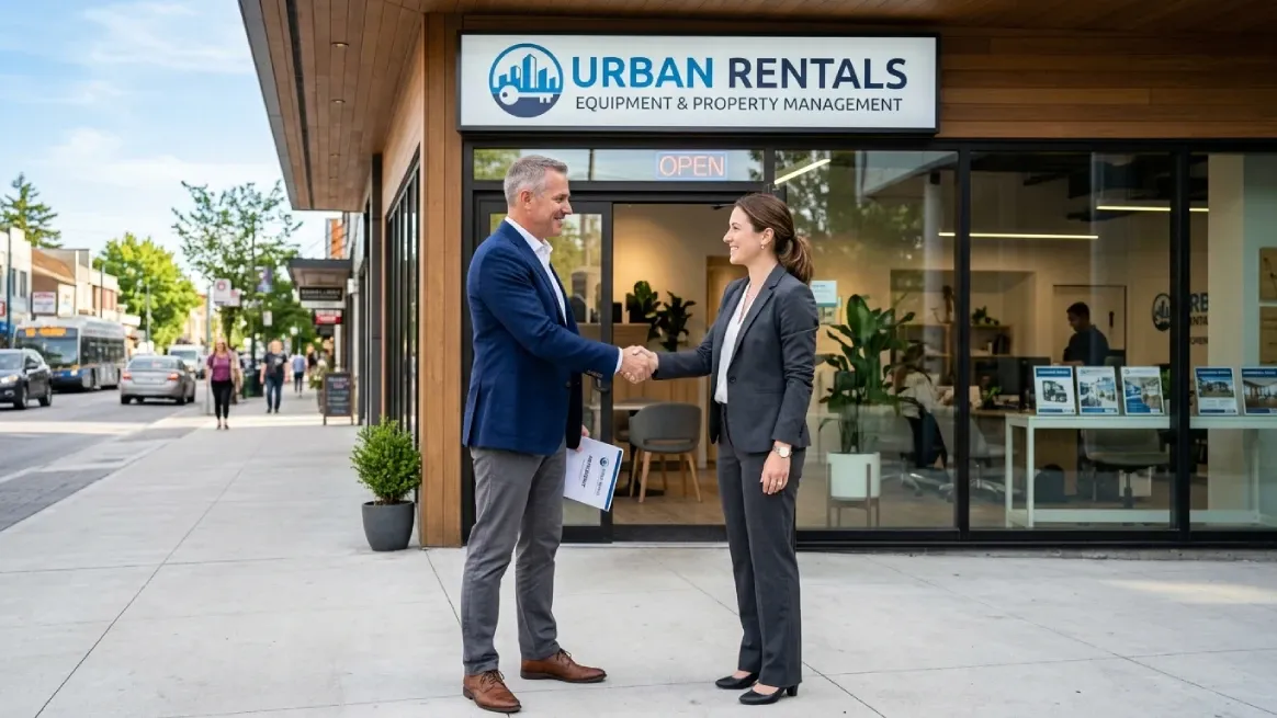 Partnership handshake outside rental company office