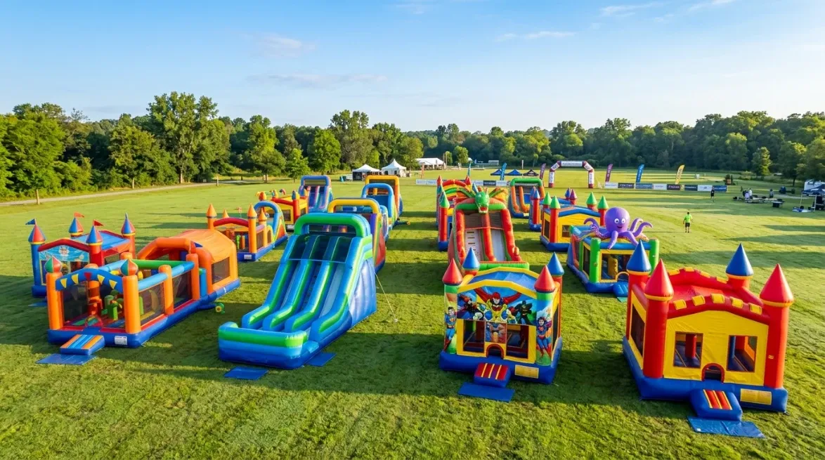 Rows of inflatable bounce houses prepared for children’s entertainment