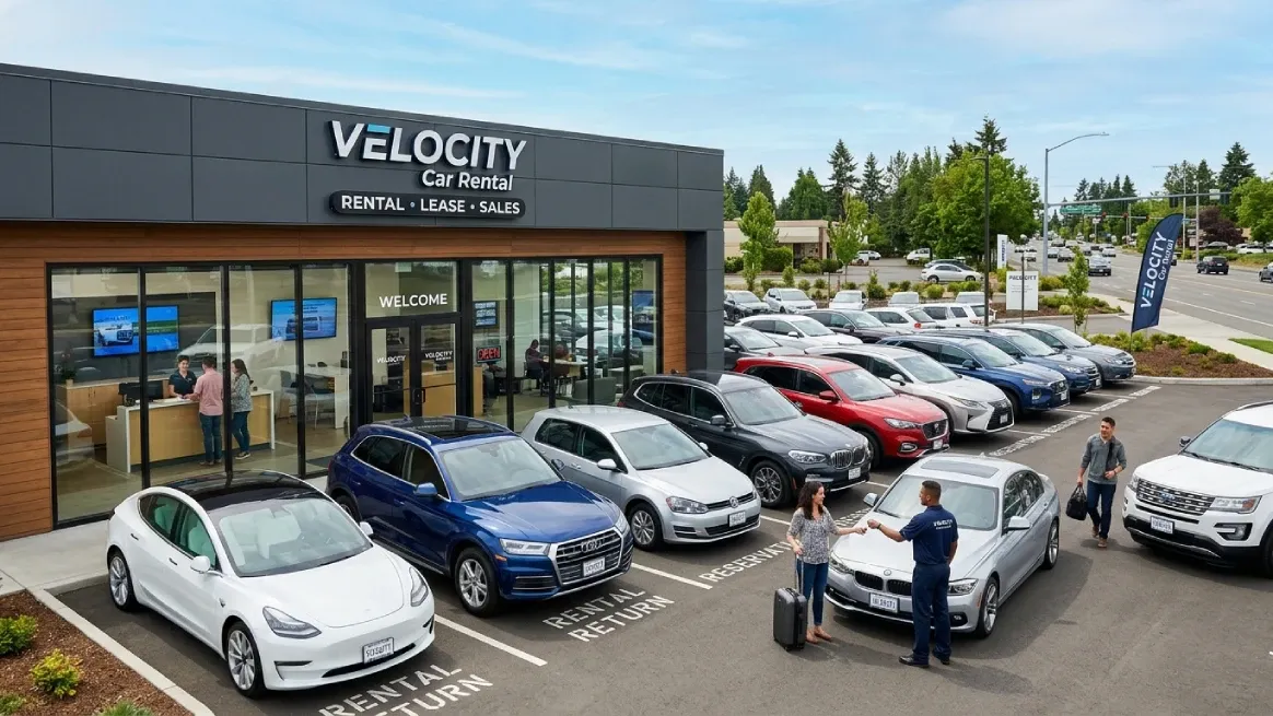 Modern car rental business exterior with parked vehicles