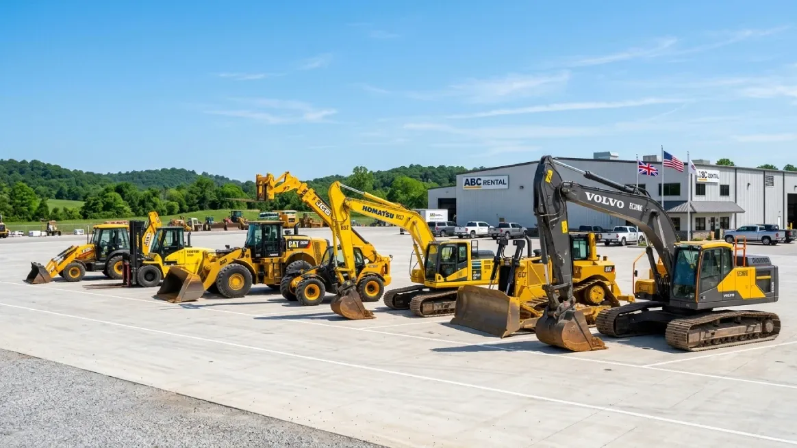 Heavy construction equipment lineup at rental business facility