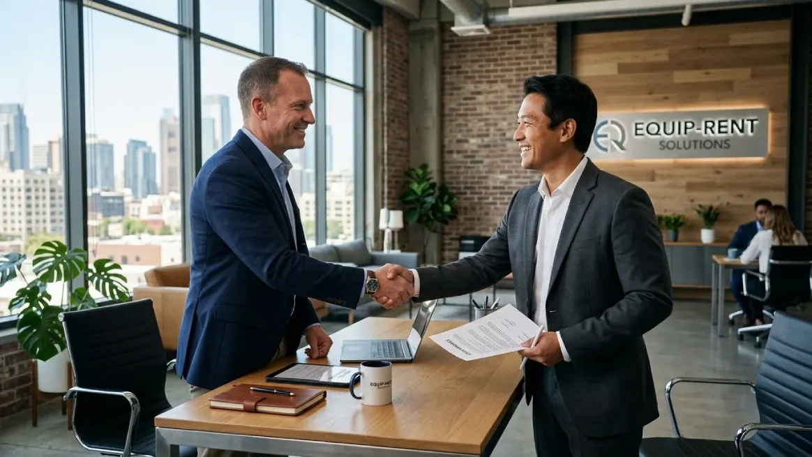 Business professionals shaking hands in rental industry partnership
