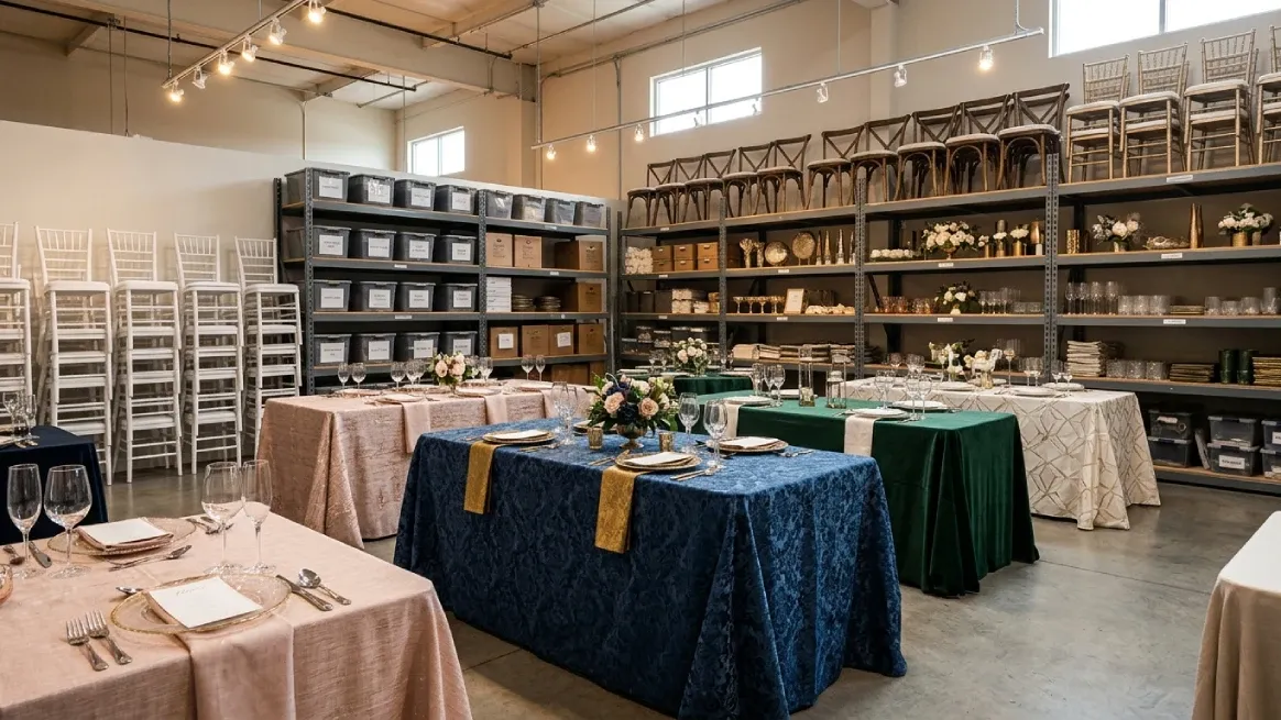 Party rental showroom with decorated tables and chairs