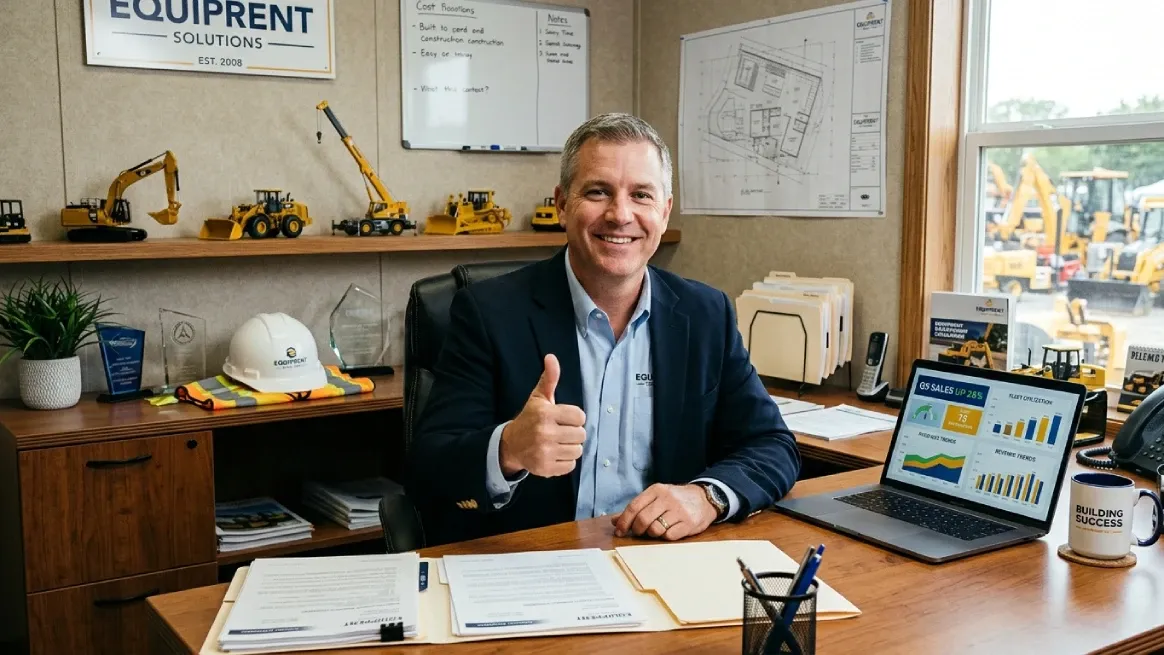 Construction rental business owner celebrating healthy profit margins