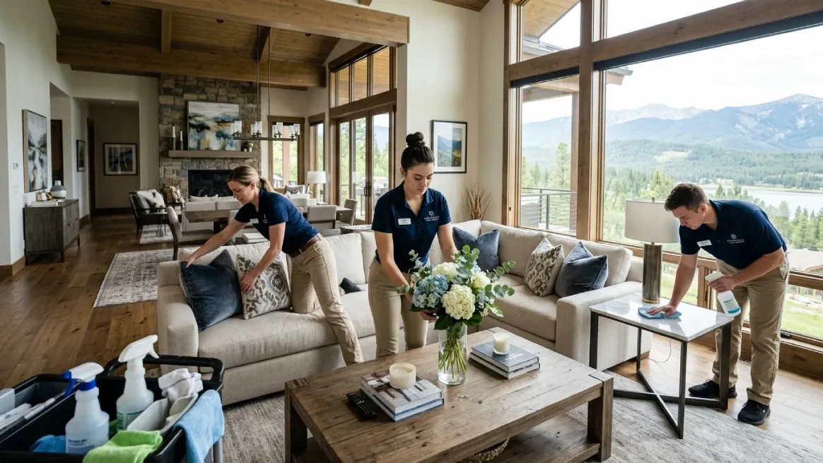 Professional cleaning team working in vacation rental living room