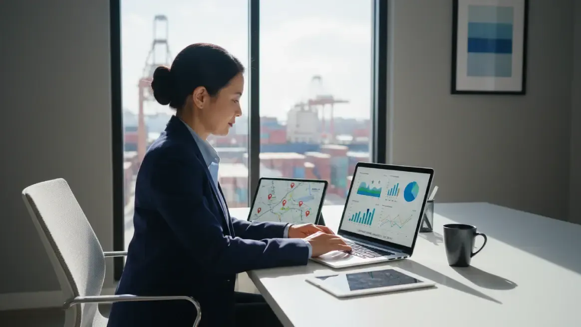 Business analyst reviewing container rental revenue graphs with port backdrop