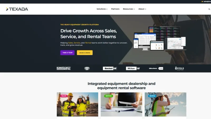Texada homepage highlighting heavy equipment growth platform and rental software solutions