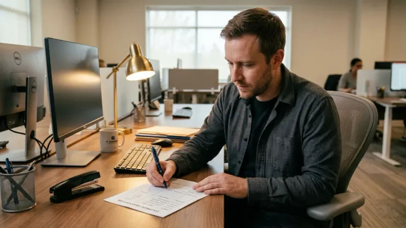 Employee working on equipment sign-out sheet document in office