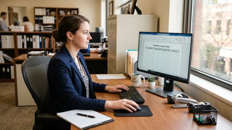 Employee writing details on equipment sign-out sheet form