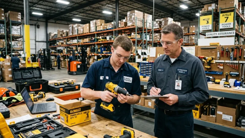 Warehouse aisles organized with equipment sign-out sheet system