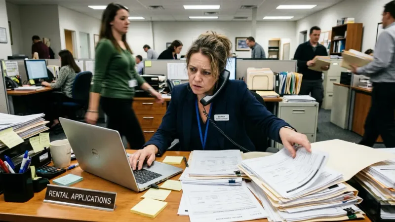 Busy office scene showing manual rental task overload