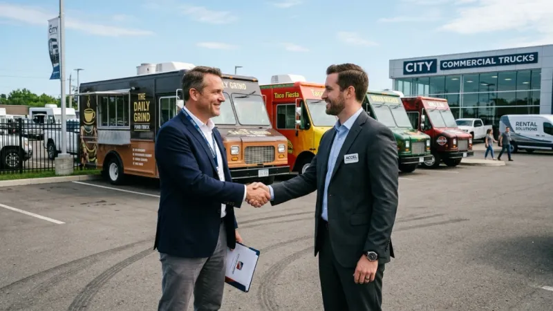 Business professionals shaking hands to acquire food truck fleet