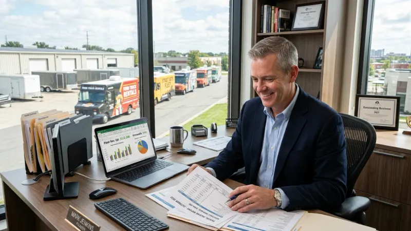 Business owner analyzing food truck rental profitability data