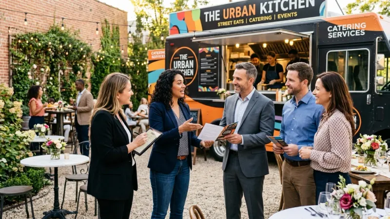 Food truck rental business marketing at outdoor catering event